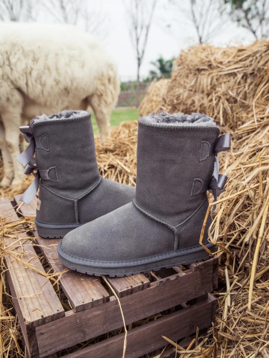 Smaibulun Ugg | Double Ballet Ribbon Bow Suede Shearling Boots - grey - Image 9