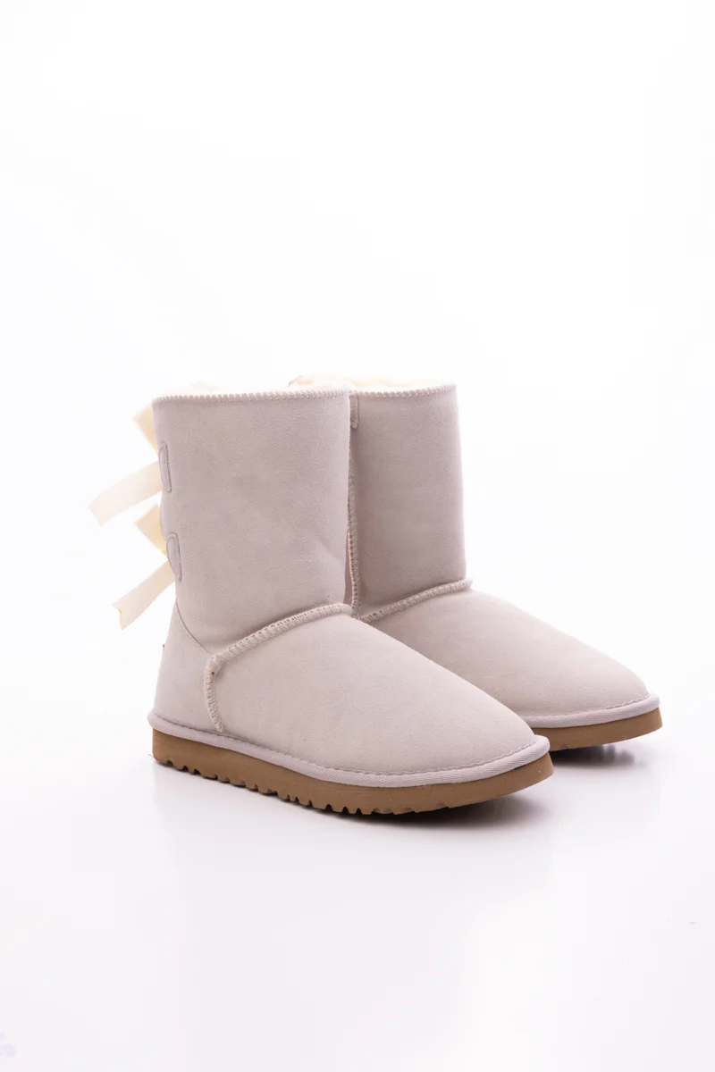 Smaibulun Ugg | Double Ballet Ribbon Bow Suede Shearling Boots - Ivory - Image 10