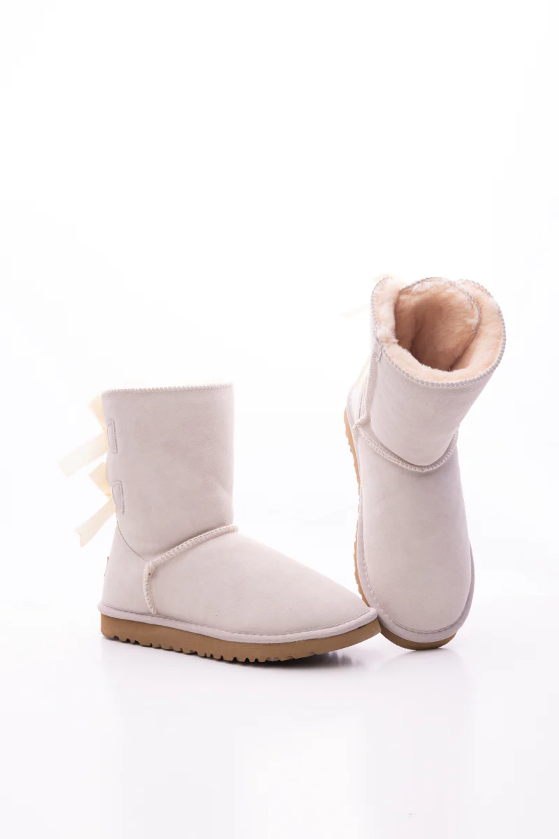 Smaibulun Ugg | Double Ballet Ribbon Bow Suede Shearling Boots - Ivory - Image 12