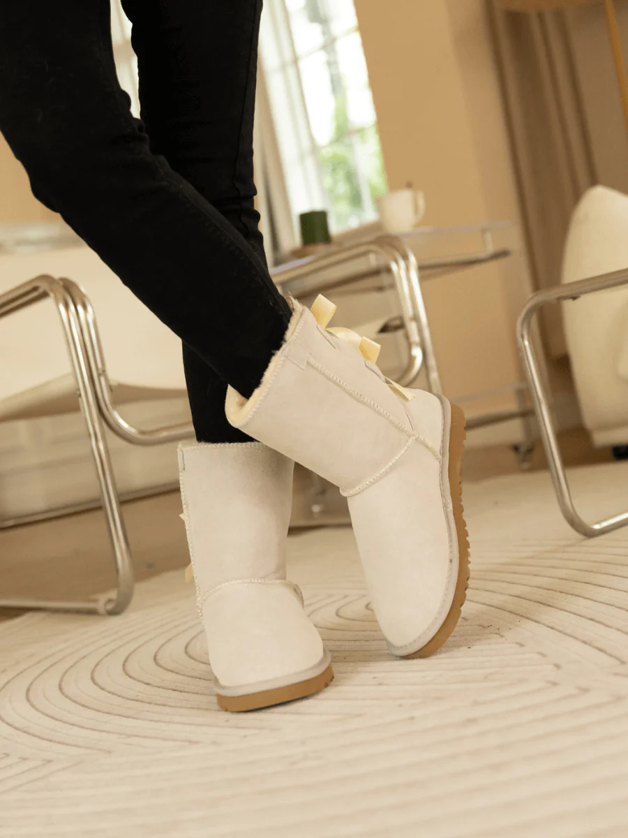 Smaibulun Ugg | Double Ballet Ribbon Bow Suede Shearling Boots - Ivory - Image 2