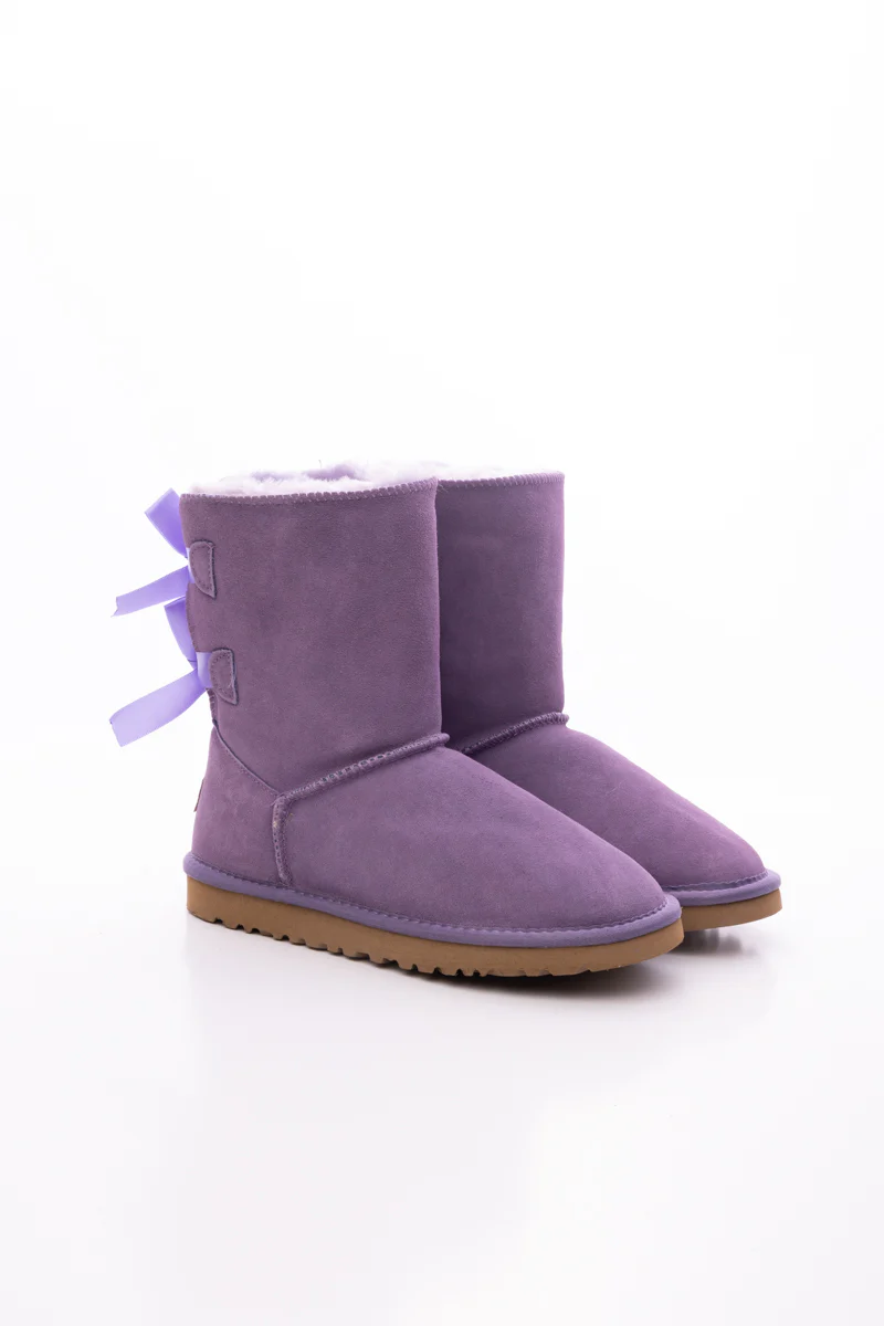 Smaibulun Ugg | Double Ballet Ribbon Bow Suede Shearling Boots - Lavender - Image 10