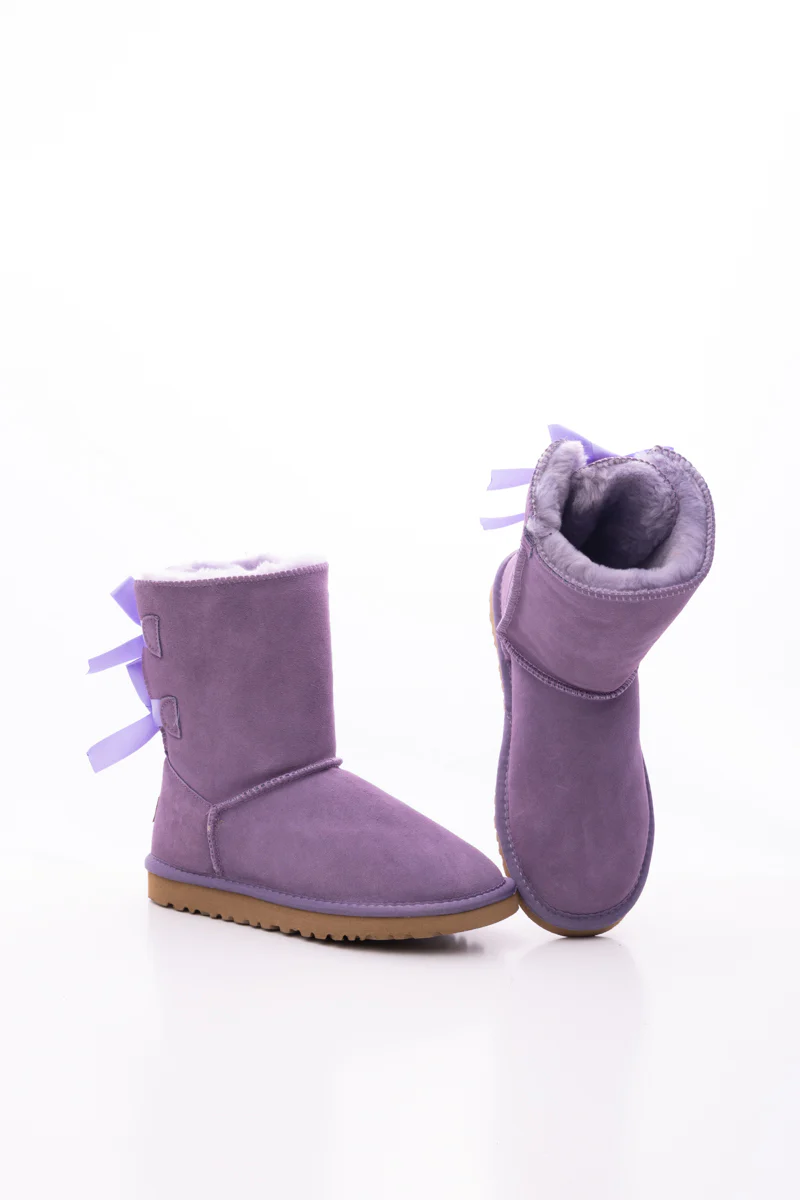 Smaibulun Ugg | Double Ballet Ribbon Bow Suede Shearling Boots - Lavender - Image 12