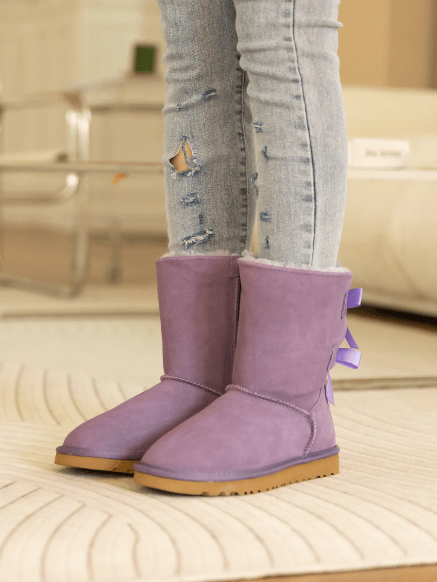 Smaibulun Ugg | Double Ballet Ribbon Bow Suede Shearling Boots - Lavender - Image 2