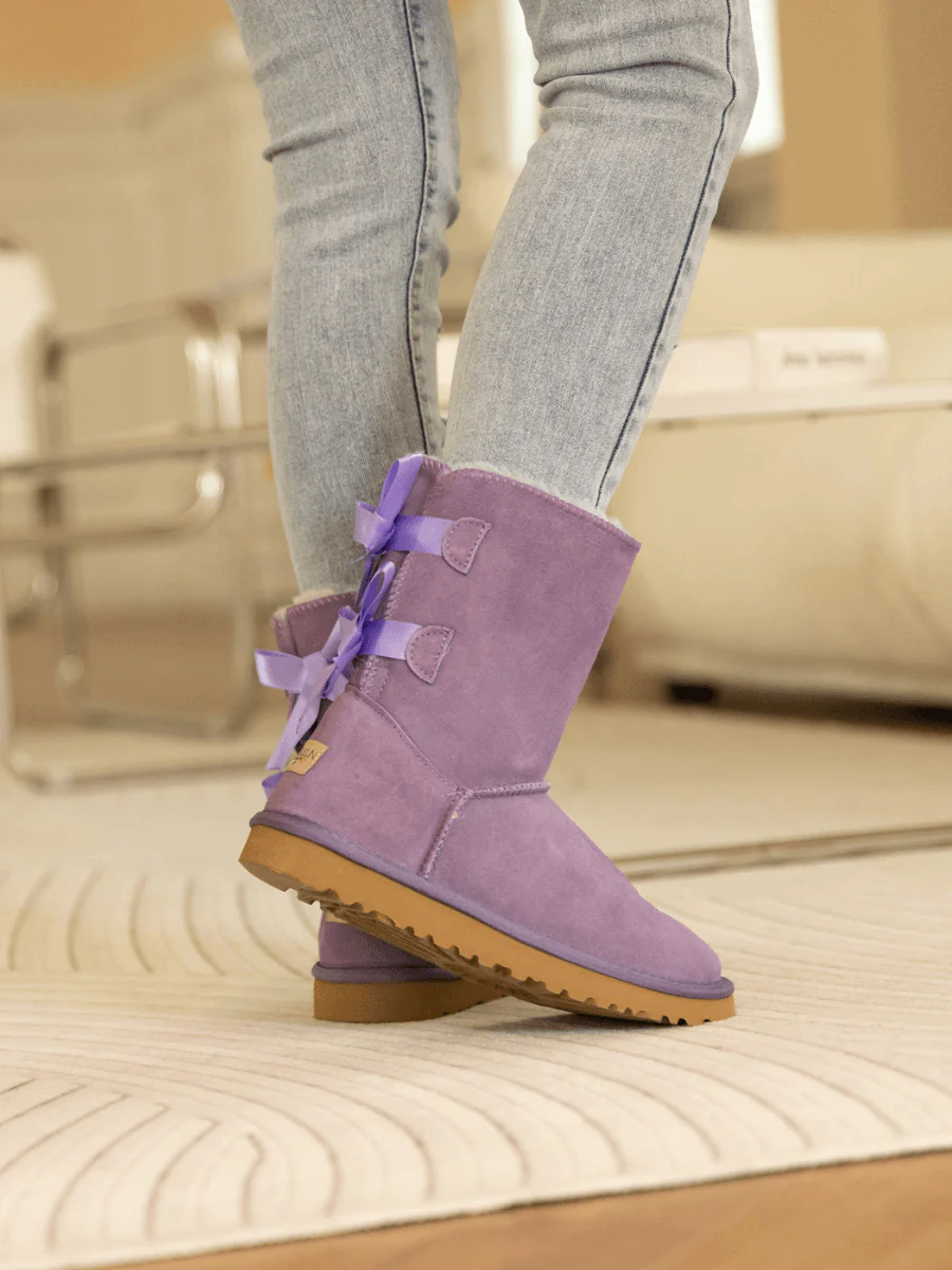 Smaibulun Ugg | Double Ballet Ribbon Bow Suede Shearling Boots - Lavender - Image 3