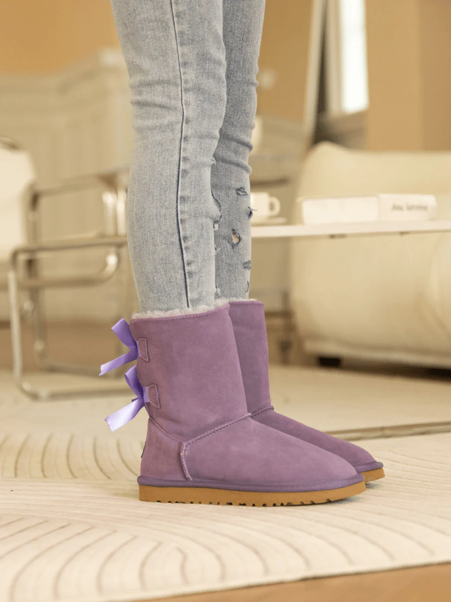 Smaibulun Ugg | Double Ballet Ribbon Bow Suede Shearling Boots - Lavender - Image 5