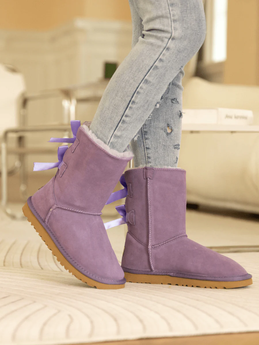 Smaibulun Ugg | Double Ballet Ribbon Bow Suede Shearling Boots - Lavender - Image 6