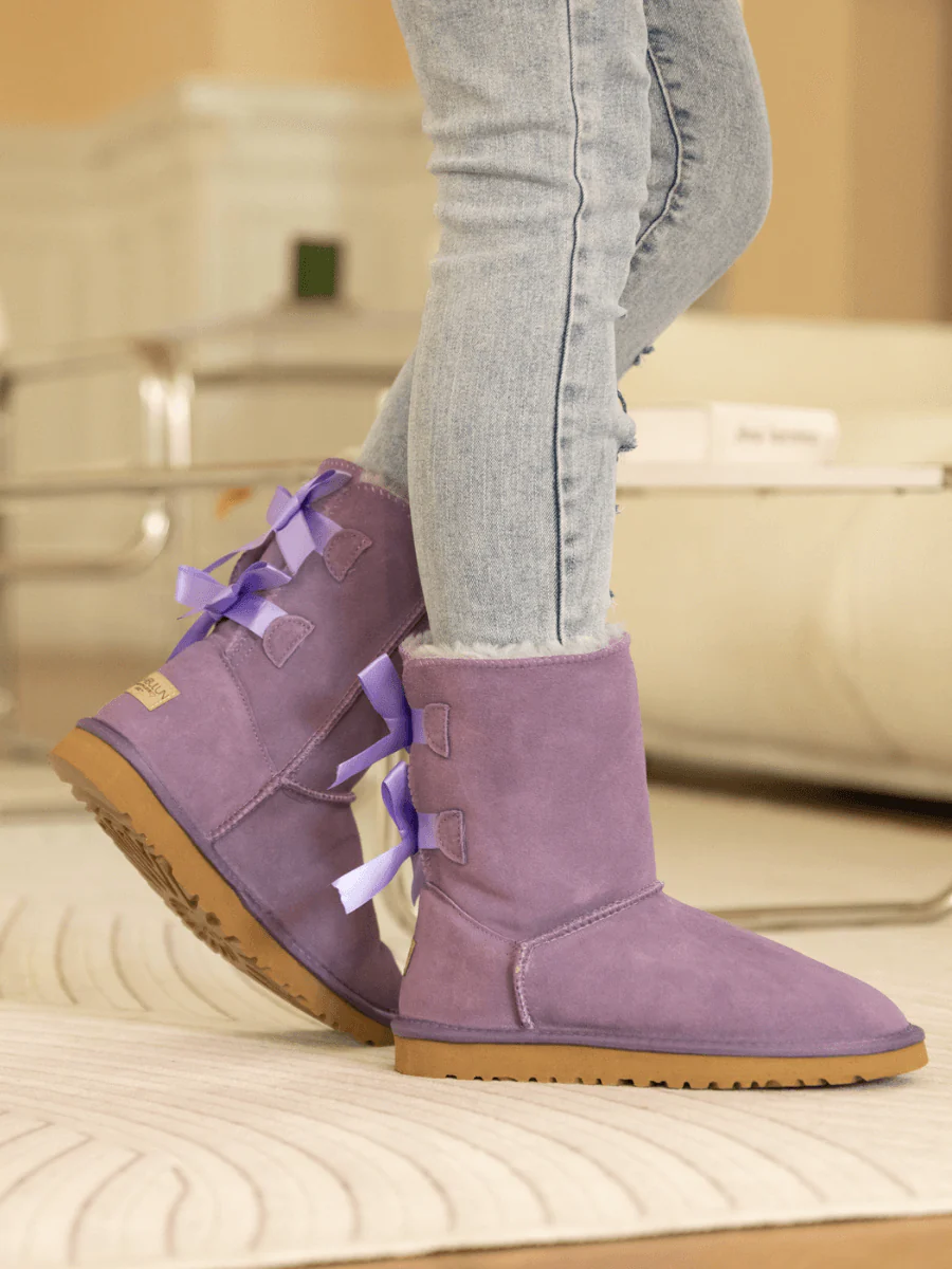 Smaibulun Ugg | Double Ballet Ribbon Bow Suede Shearling Boots - Lavender - Image 7