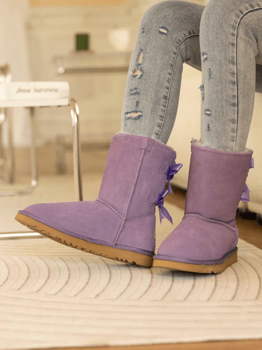 Smaibulun Ugg | Double Ballet Ribbon Bow Suede Shearling Boots - Lavender - Image 8