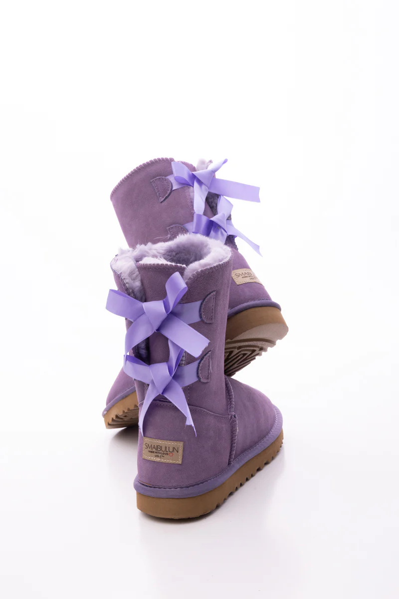 Smaibulun Ugg | Double Ballet Ribbon Bow Suede Shearling Boots - Lavender - Image 9