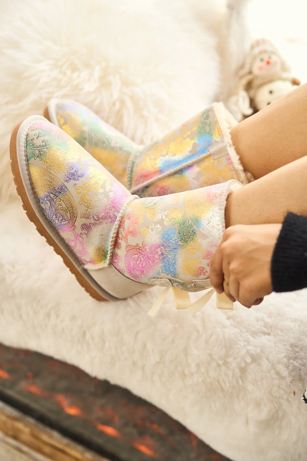 Smaibulun Ugg | Double Ballet Ribbon Bow Suede Shearling Boots - multi - Image 4