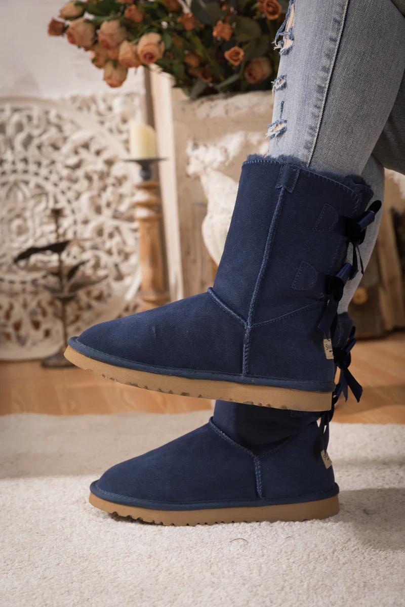 Smaibulun Ugg | Double Ballet Ribbon Bow Suede Shearling Boots - navy - Image 10