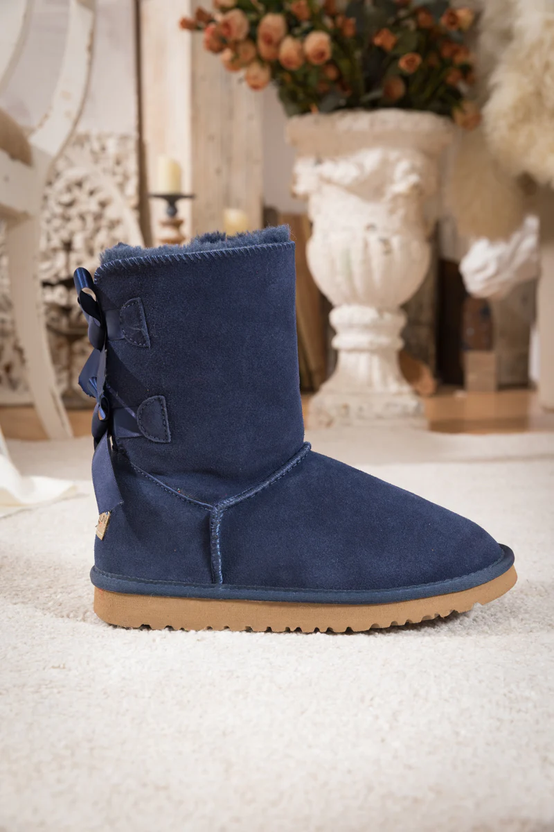 Smaibulun Ugg | Double Ballet Ribbon Bow Suede Shearling Boots - navy - Image 3