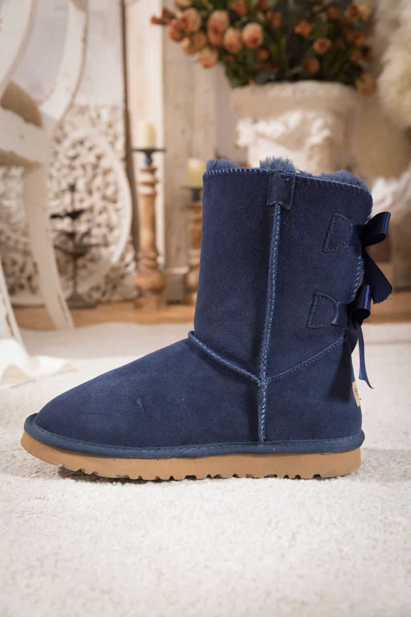 Smaibulun Ugg | Double Ballet Ribbon Bow Suede Shearling Boots - navy - Image 4
