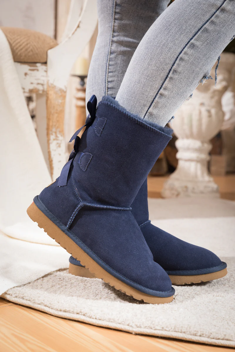 Smaibulun Ugg | Double Ballet Ribbon Bow Suede Shearling Boots - navy - Image 5