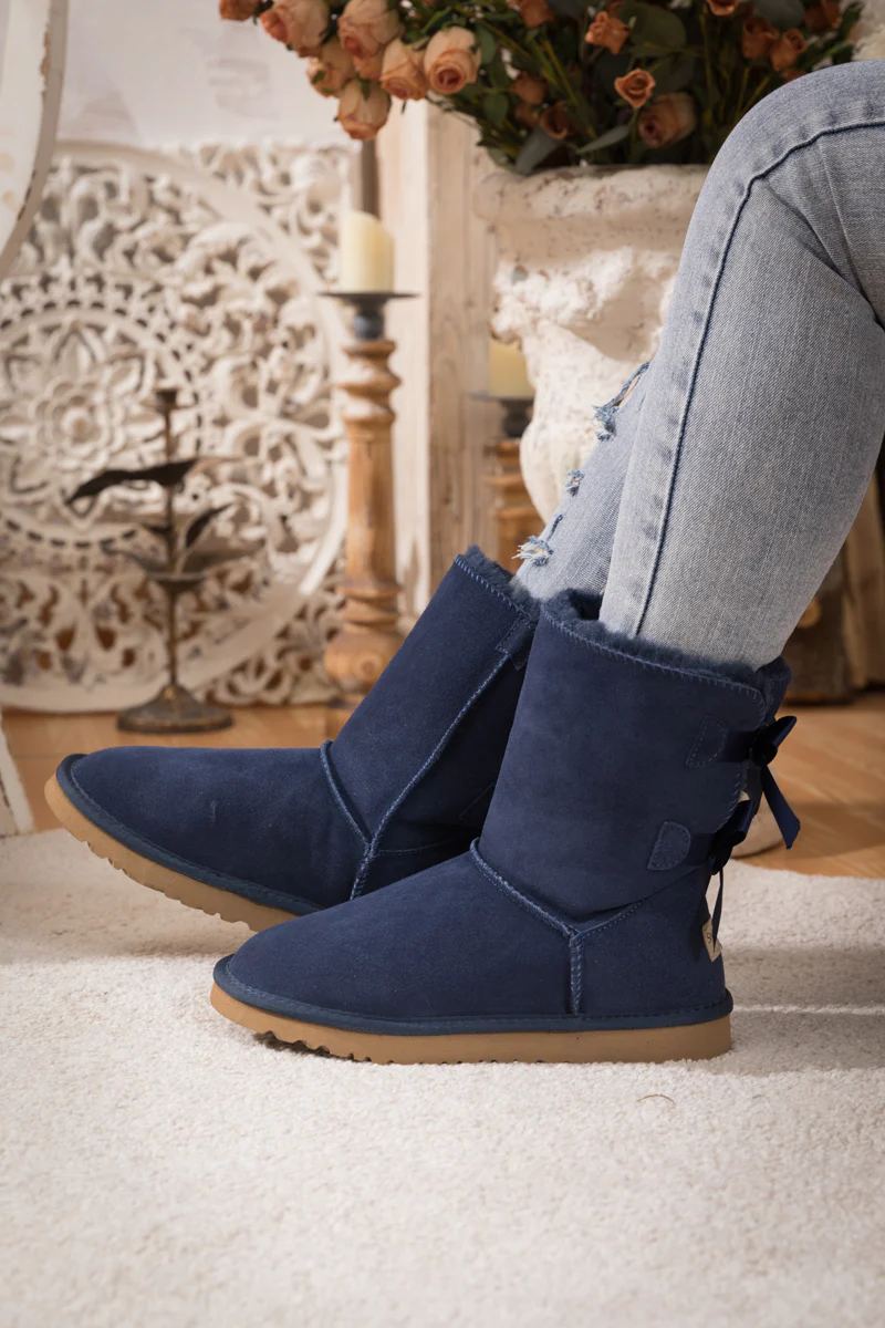Smaibulun Ugg | Double Ballet Ribbon Bow Suede Shearling Boots - navy - Image 6