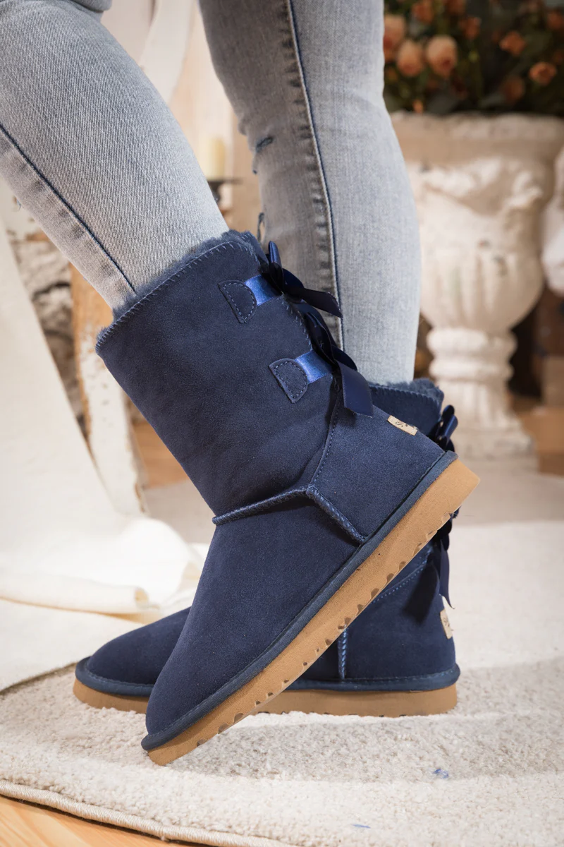 Smaibulun Ugg | Double Ballet Ribbon Bow Suede Shearling Boots - navy - Image 7