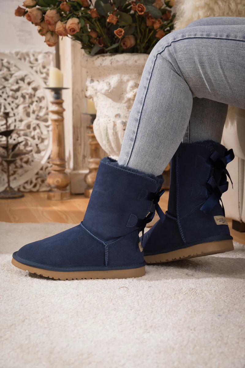 Smaibulun Ugg | Double Ballet Ribbon Bow Suede Shearling Boots - navy - Image 9