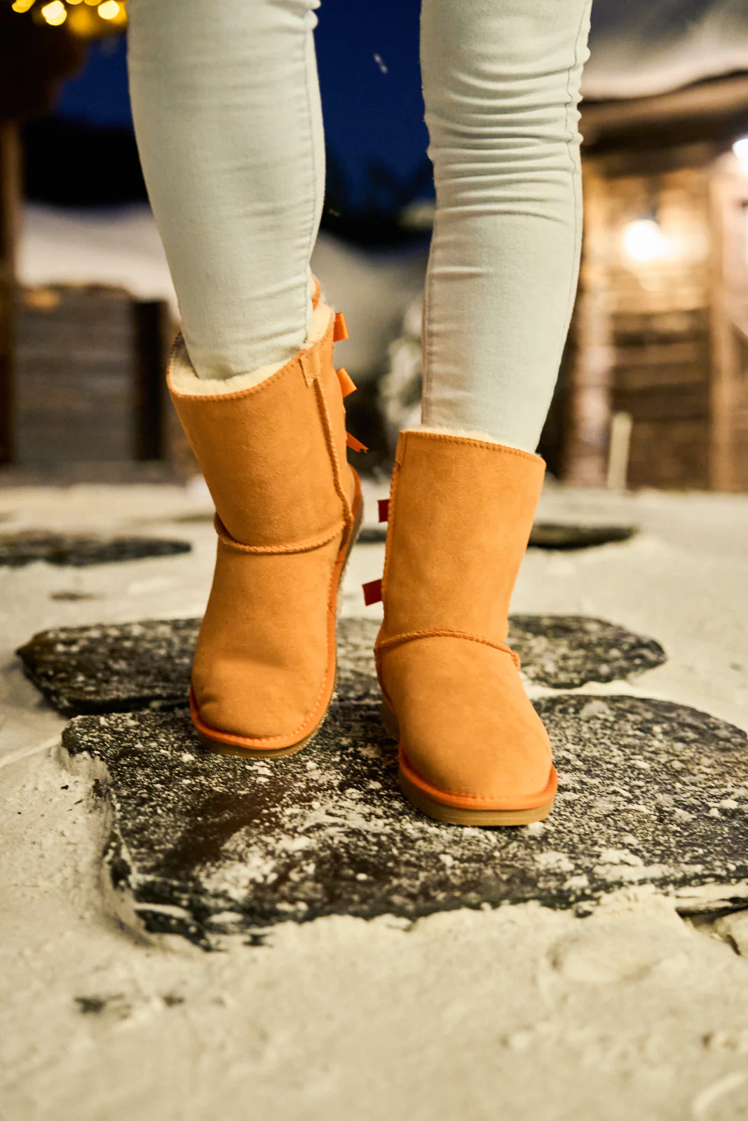 Smaibulun Ugg | Double Ballet Ribbon Bow Suede Shearling Boots - orange - Image 2
