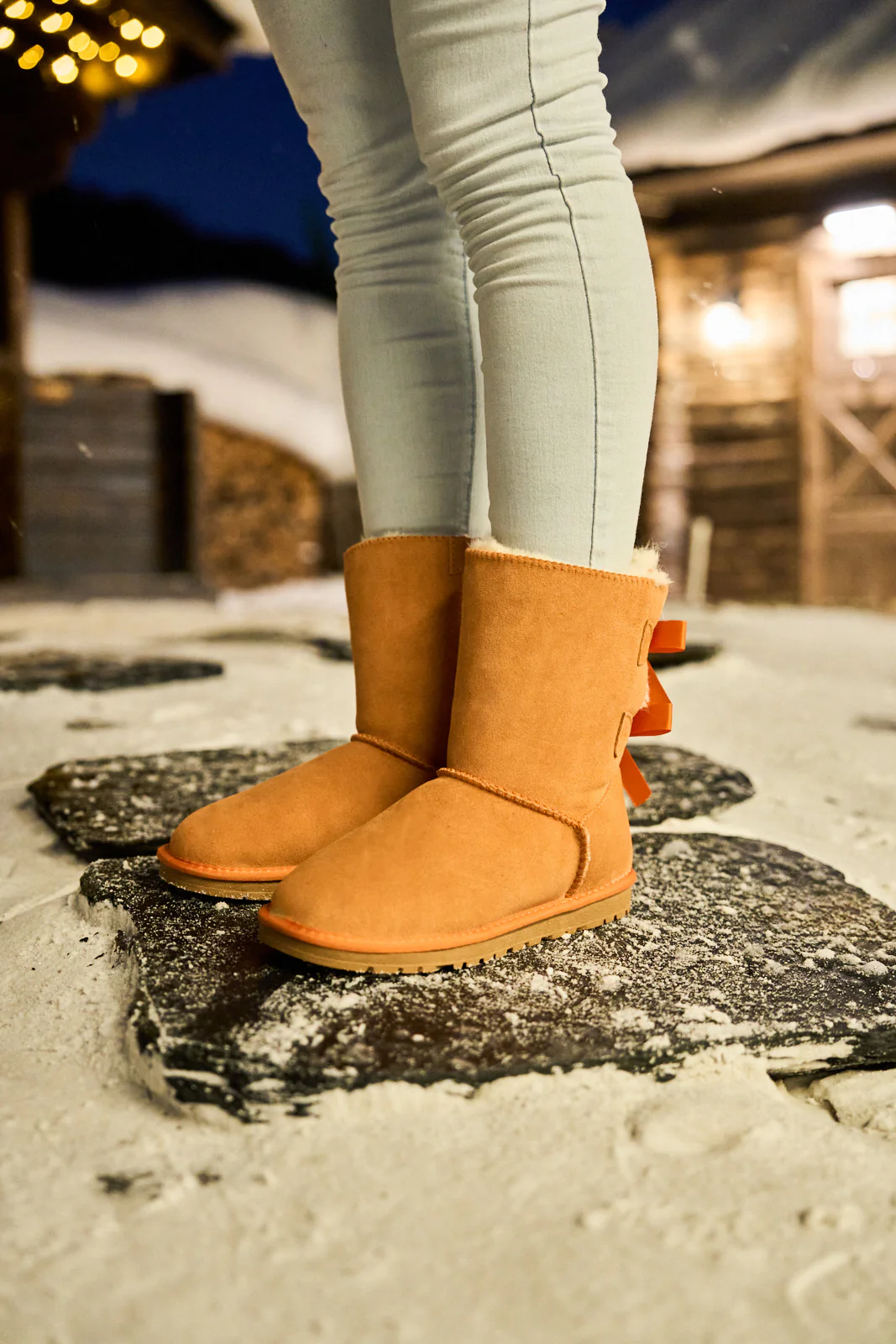 Smaibulun Ugg | Double Ballet Ribbon Bow Suede Shearling Boots - orange - Image 3
