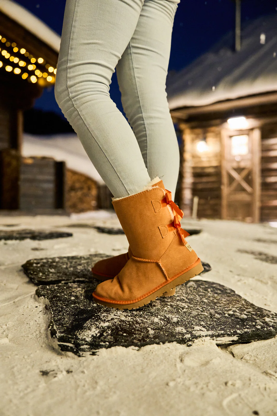 Smaibulun Ugg | Double Ballet Ribbon Bow Suede Shearling Boots - orange - Image 4