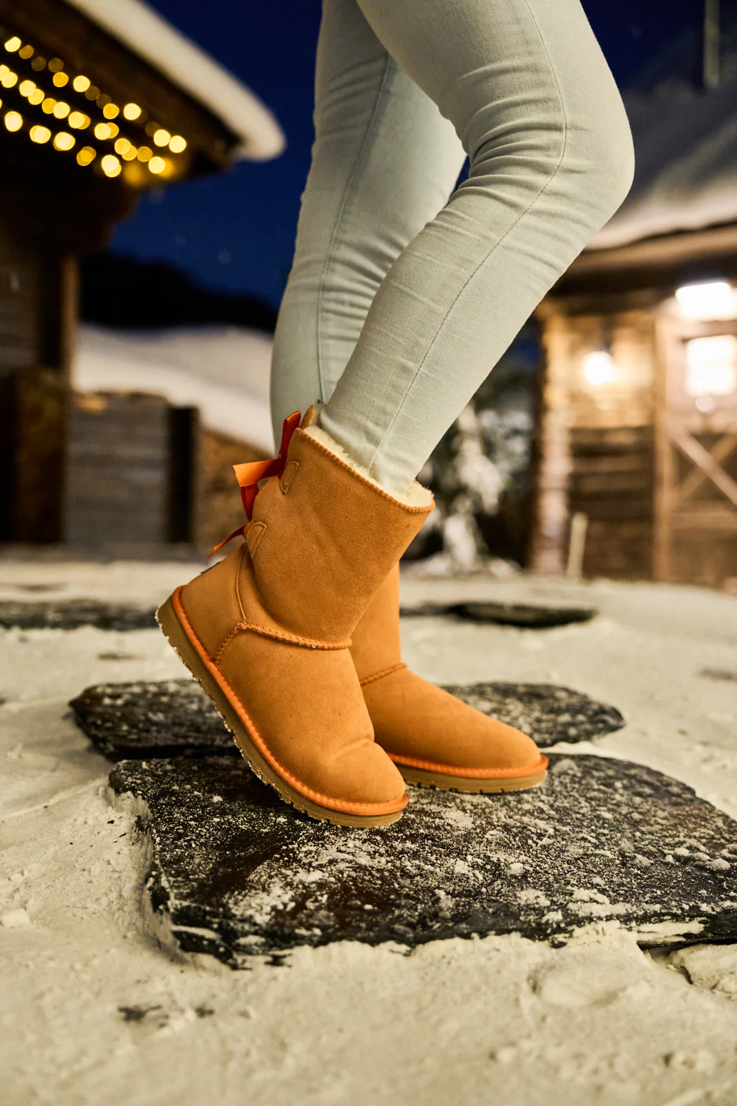 Smaibulun Ugg | Double Ballet Ribbon Bow Suede Shearling Boots - orange - Image 5