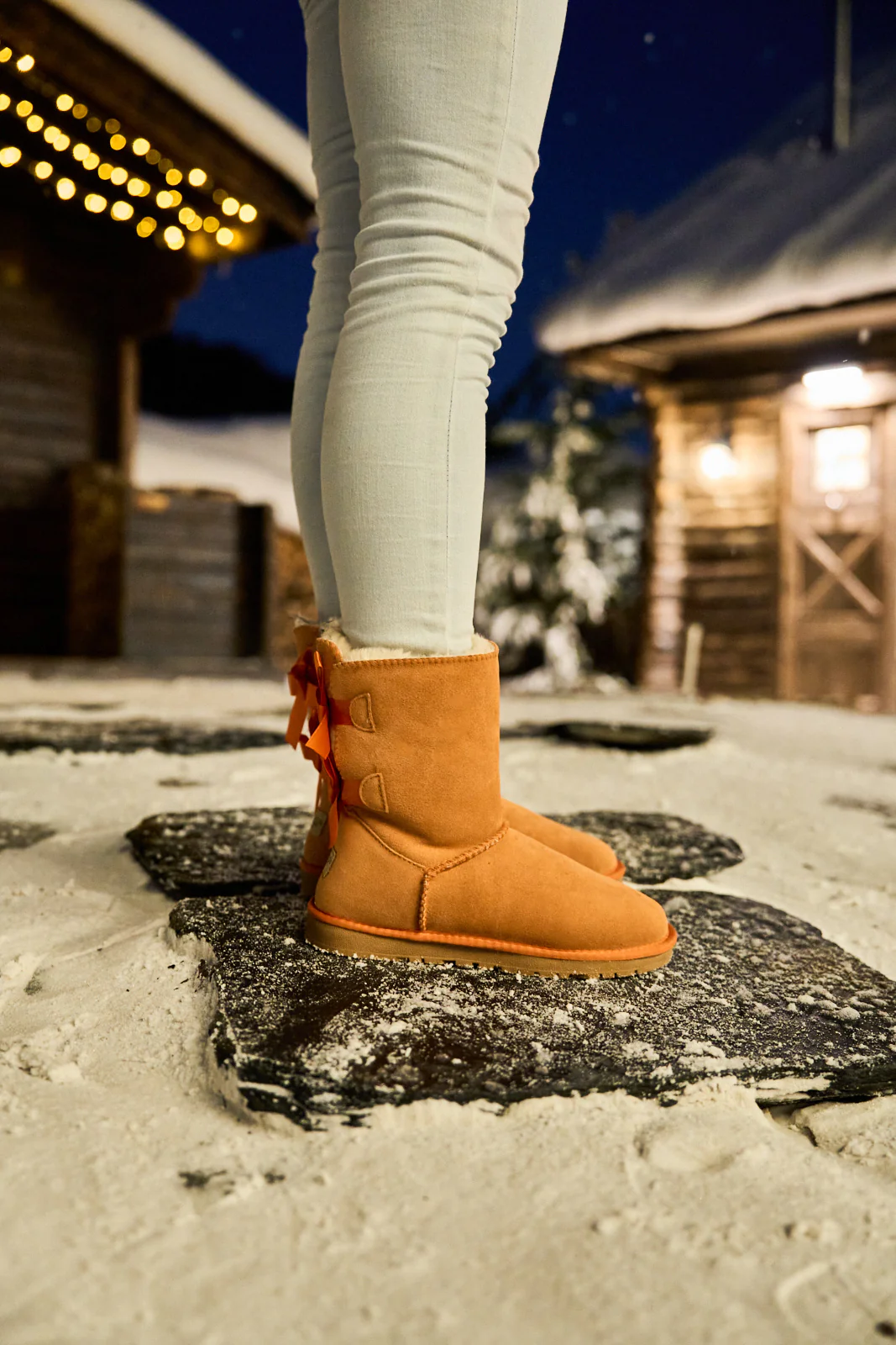 Smaibulun Ugg | Double Ballet Ribbon Bow Suede Shearling Boots - orange - Image 6