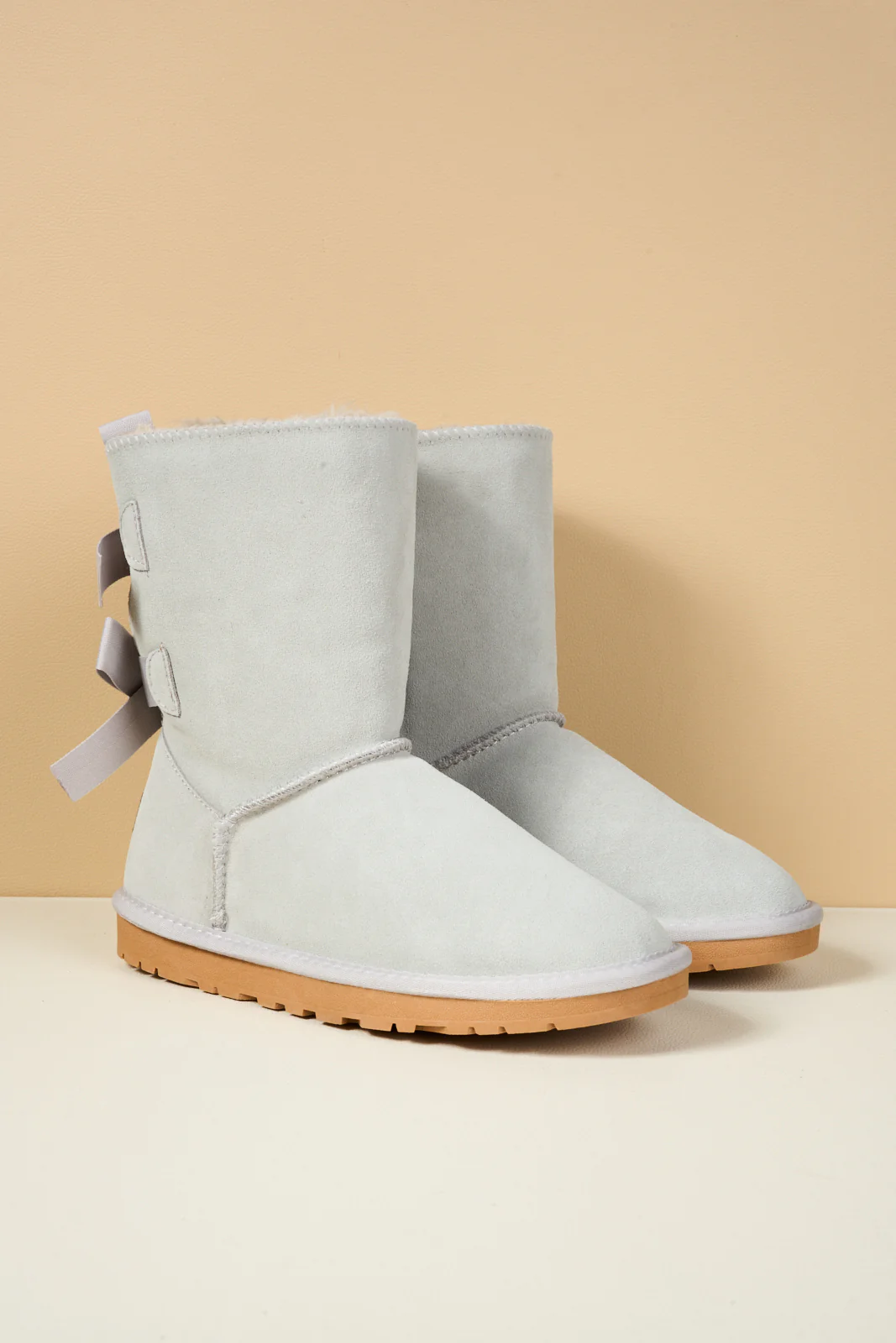 Smaibulun Ugg | Double Ballet Ribbon Bow Suede Shearling Boots - pale - Image 9