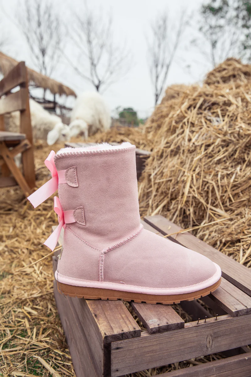 Smaibulun Ugg | Double Ballet Ribbon Bow Suede Shearling Boots - pink - Image 10