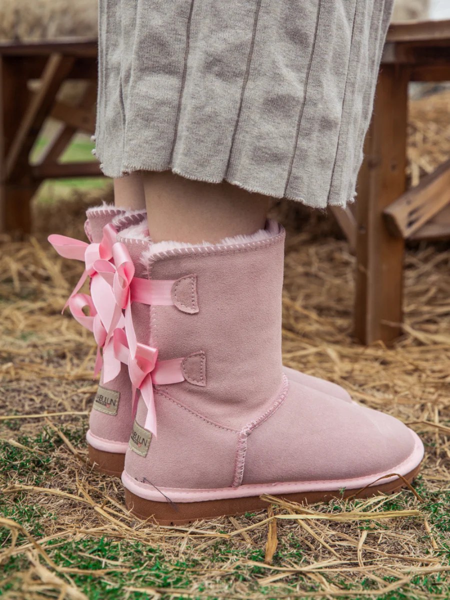 Smaibulun Ugg | Double Ballet Ribbon Bow Suede Shearling Boots - pink - Image 3