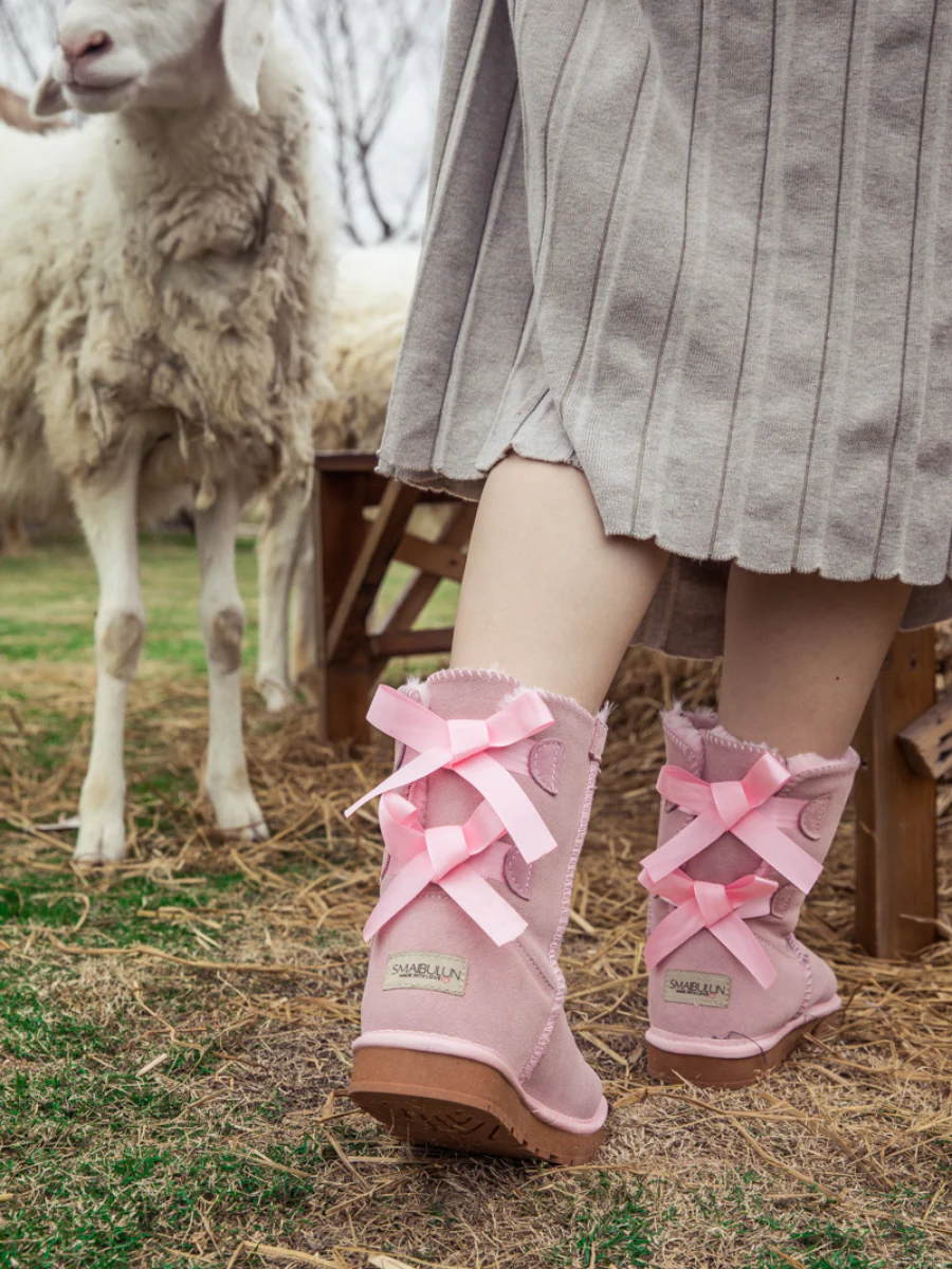 Smaibulun Ugg | Double Ballet Ribbon Bow Suede Shearling Boots - pink - Image 4