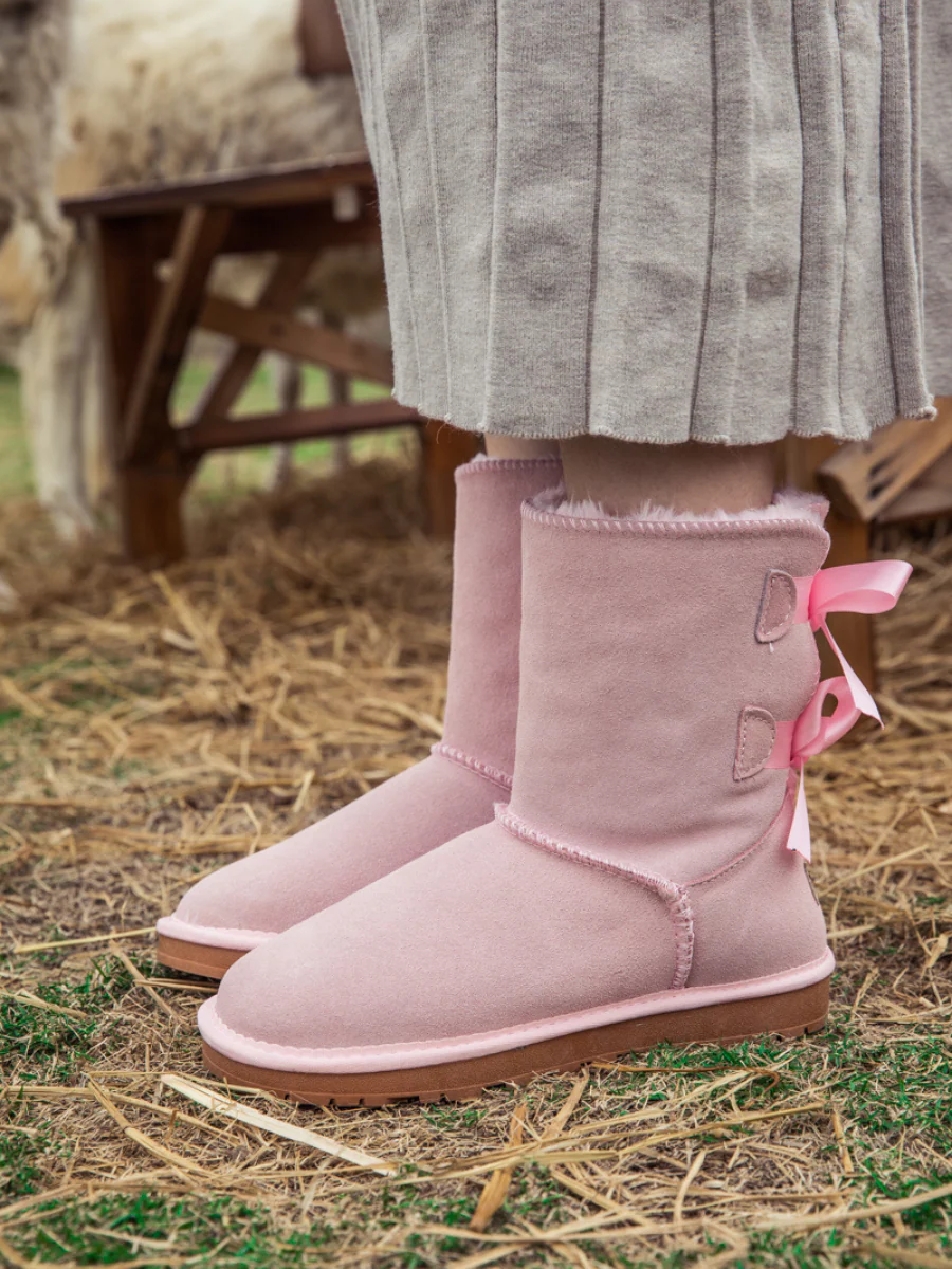 Smaibulun Ugg | Double Ballet Ribbon Bow Suede Shearling Boots - pink - Image 5