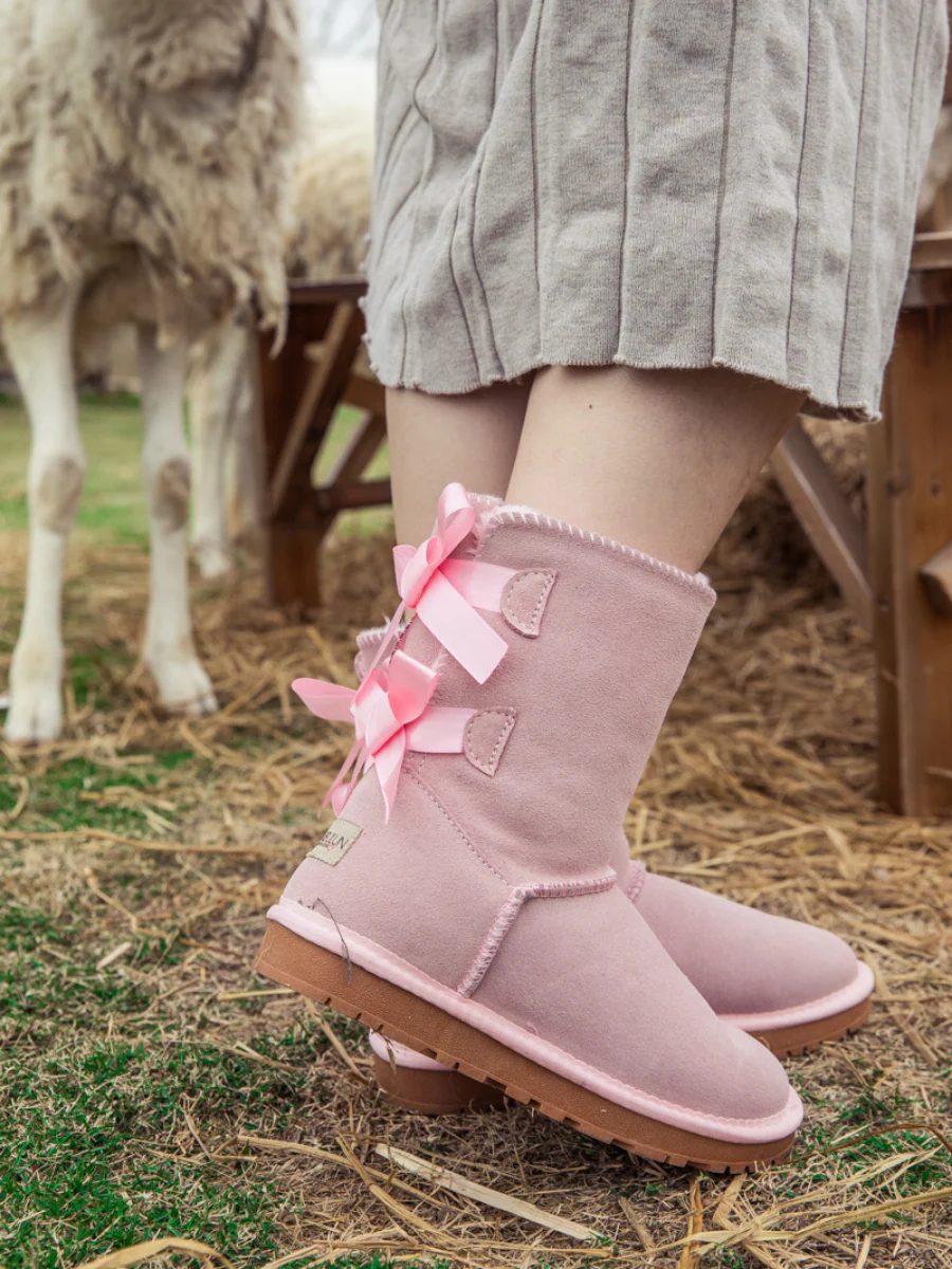 Smaibulun Ugg | Double Ballet Ribbon Bow Suede Shearling Boots - pink - Image 6