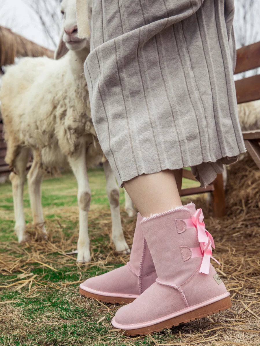 Smaibulun Ugg | Double Ballet Ribbon Bow Suede Shearling Boots - pink - Image 7