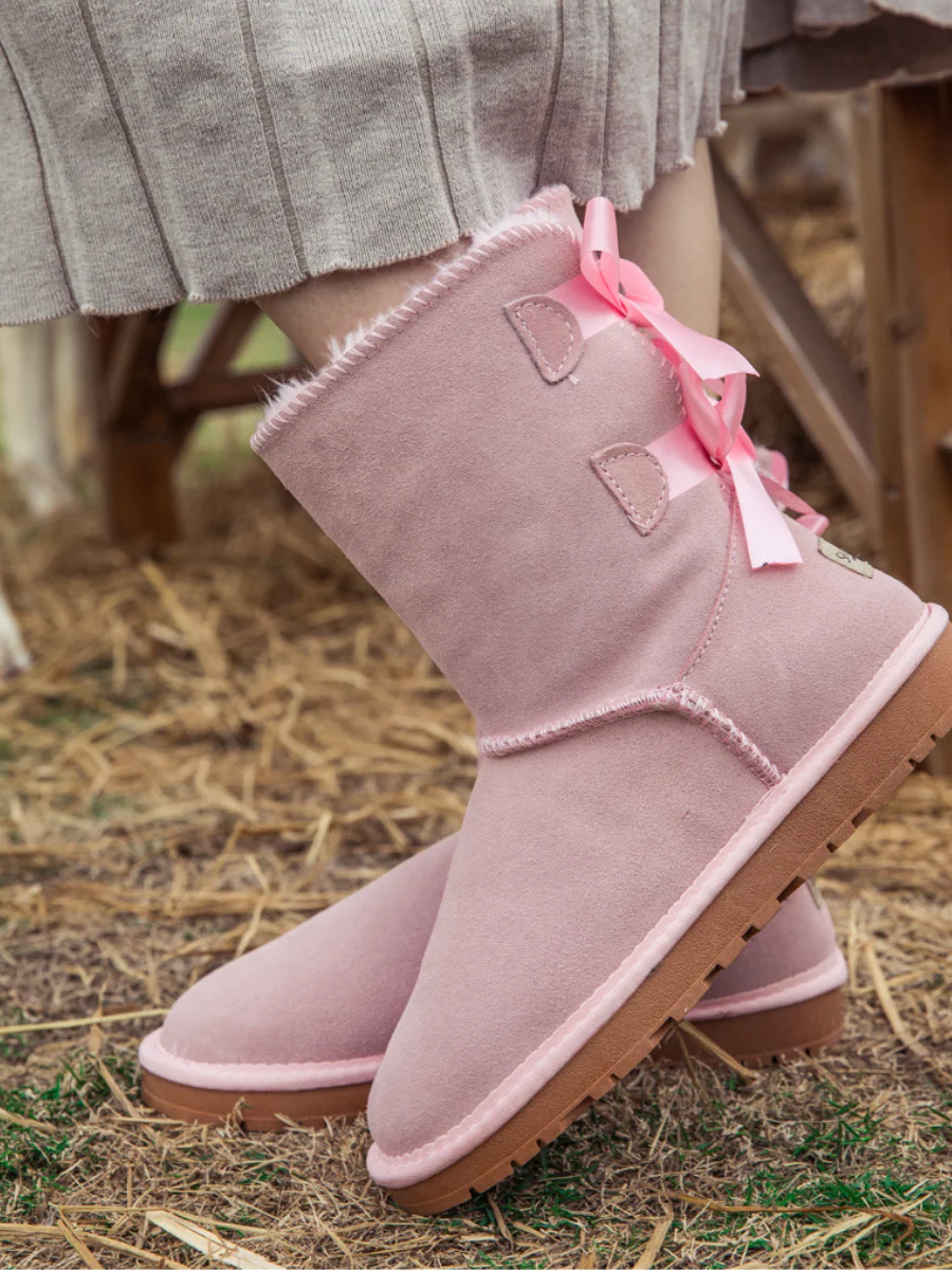 Smaibulun Ugg | Double Ballet Ribbon Bow Suede Shearling Boots - pink - Image 8