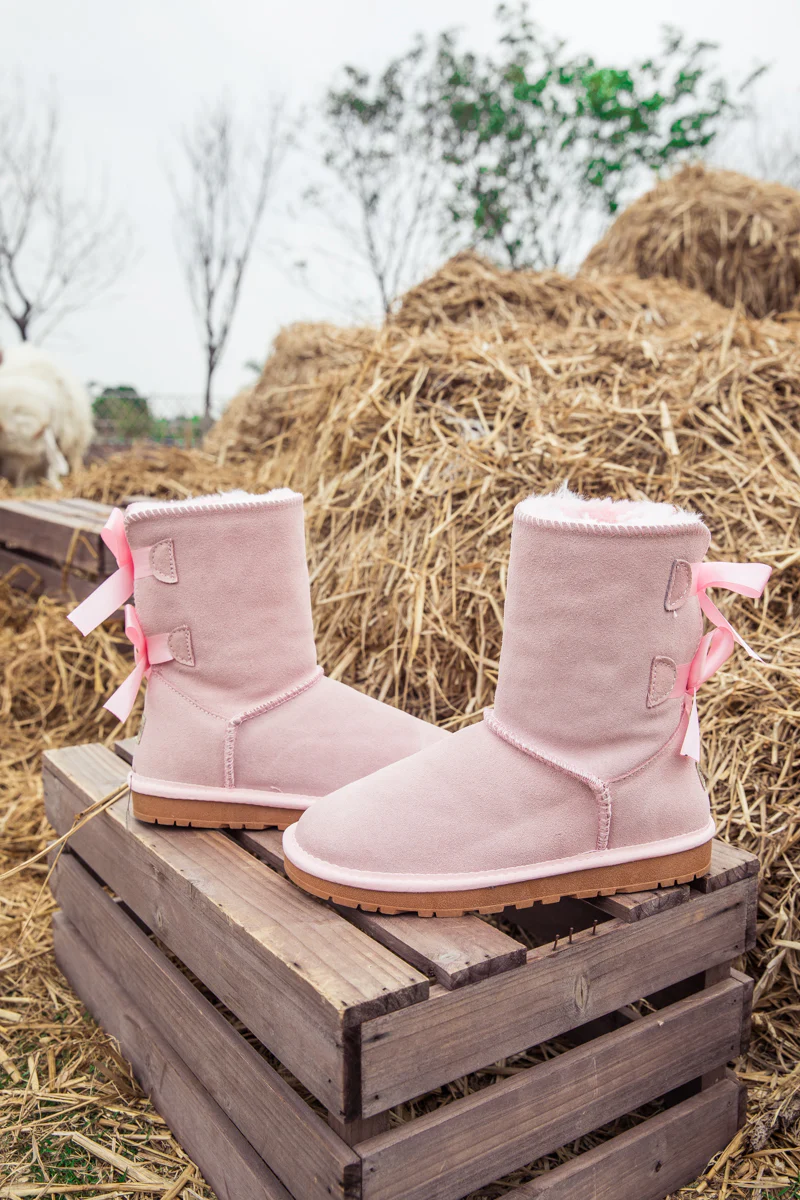 Smaibulun Ugg | Double Ballet Ribbon Bow Suede Shearling Boots - pink - Image 9