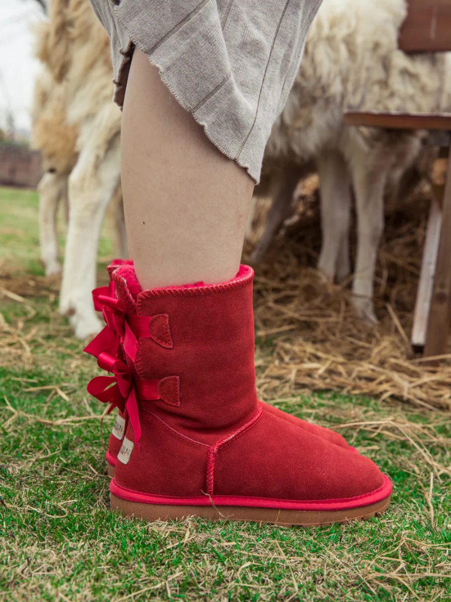 Smaibulun Ugg | Double Ballet Ribbon Bow Suede Shearling Boots - red - Image 5