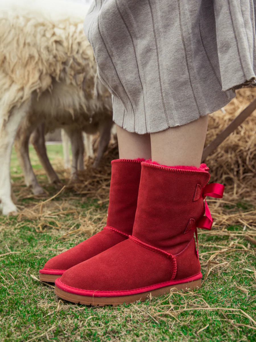 Smaibulun Ugg | Double Ballet Ribbon Bow Suede Shearling Boots - red - Image 7