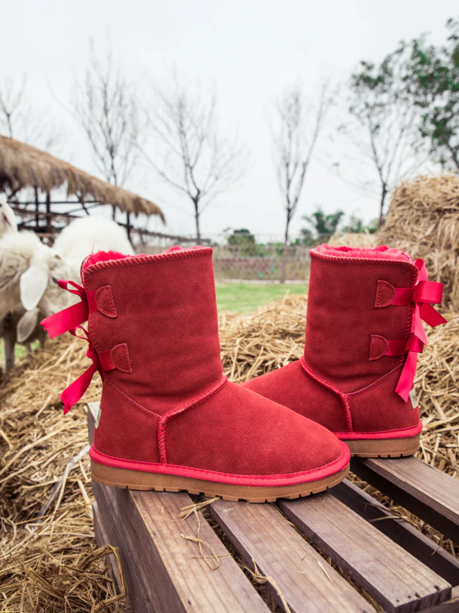 Smaibulun Ugg | Double Ballet Ribbon Bow Suede Shearling Boots - red - Image 8