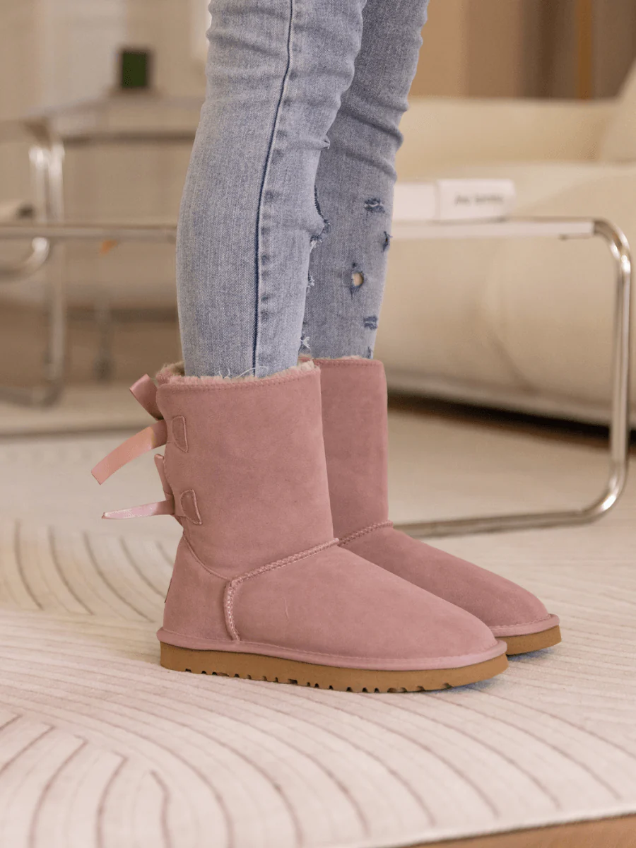 Smaibulun Ugg | Double Ballet Ribbon Bow Suede Shearling Boots - Taro - Image 3