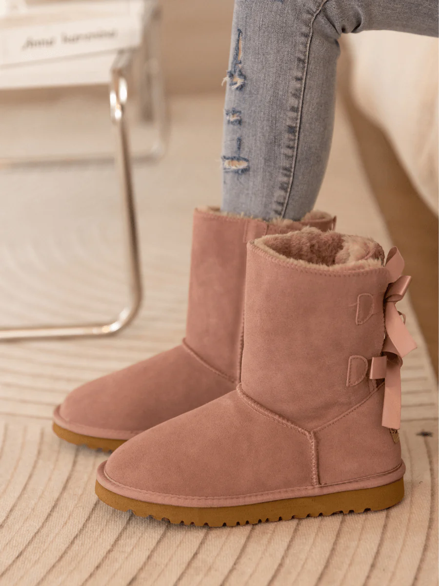 Smaibulun Ugg | Double Ballet Ribbon Bow Suede Shearling Boots - Taro - Image 5