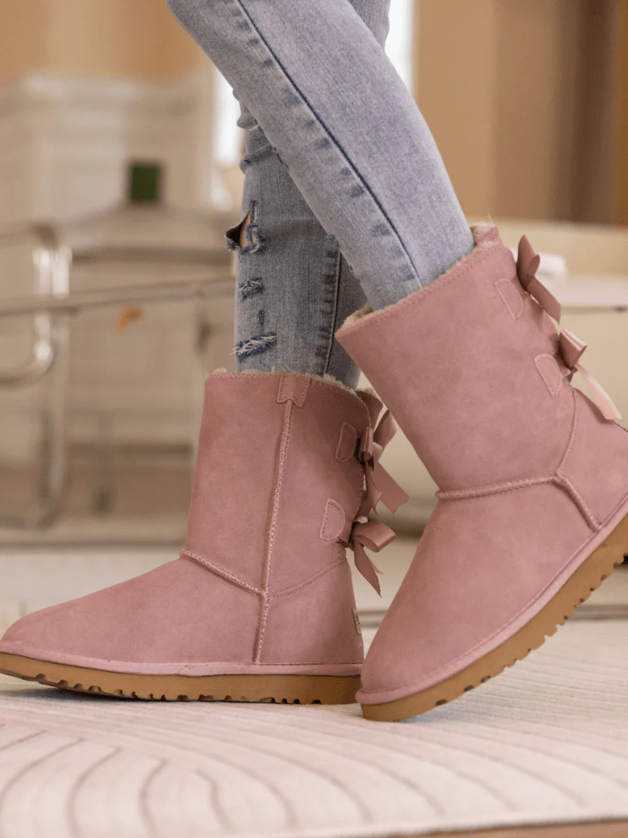 Smaibulun Ugg | Double Ballet Ribbon Bow Suede Shearling Boots - Taro - Image 6