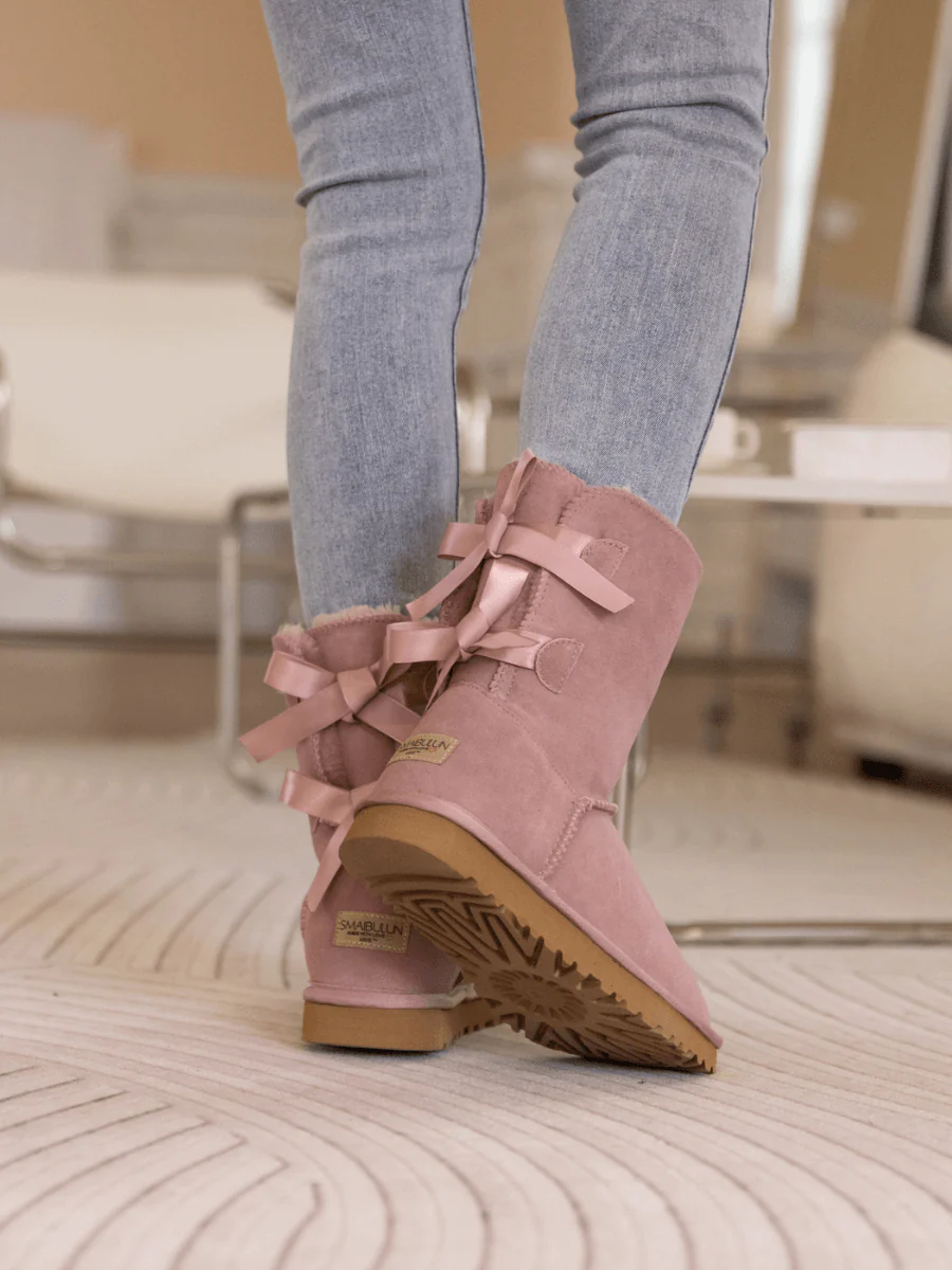 Smaibulun Ugg | Double Ballet Ribbon Bow Suede Shearling Boots - Taro - Image 7