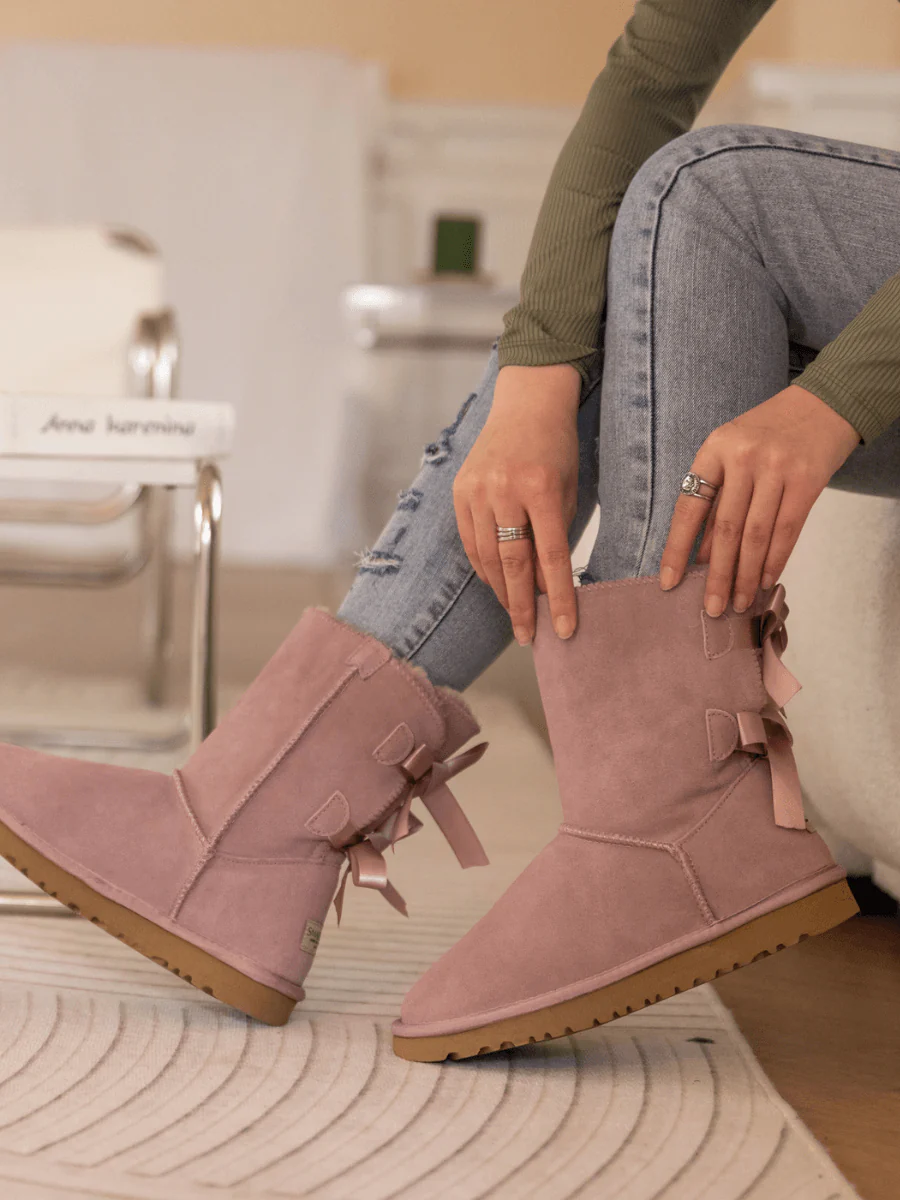 Smaibulun Ugg | Double Ballet Ribbon Bow Suede Shearling Boots - Taro - Image 8