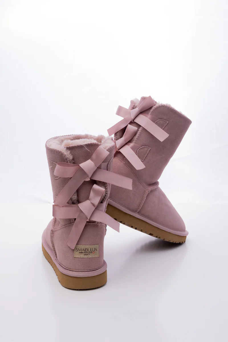 Smaibulun Ugg | Double Ballet Ribbon Bow Suede Shearling Boots - Taro - Image 9