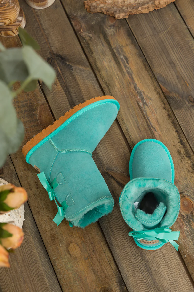 Smaibulun Ugg | Double Ballet Ribbon Bow Suede Shearling Boots - Turquoise - Image 10