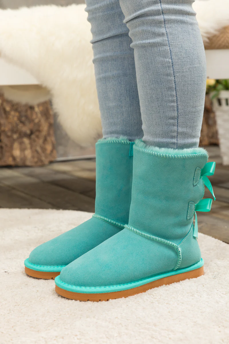 Smaibulun Ugg | Double Ballet Ribbon Bow Suede Shearling Boots - Turquoise - Image 3