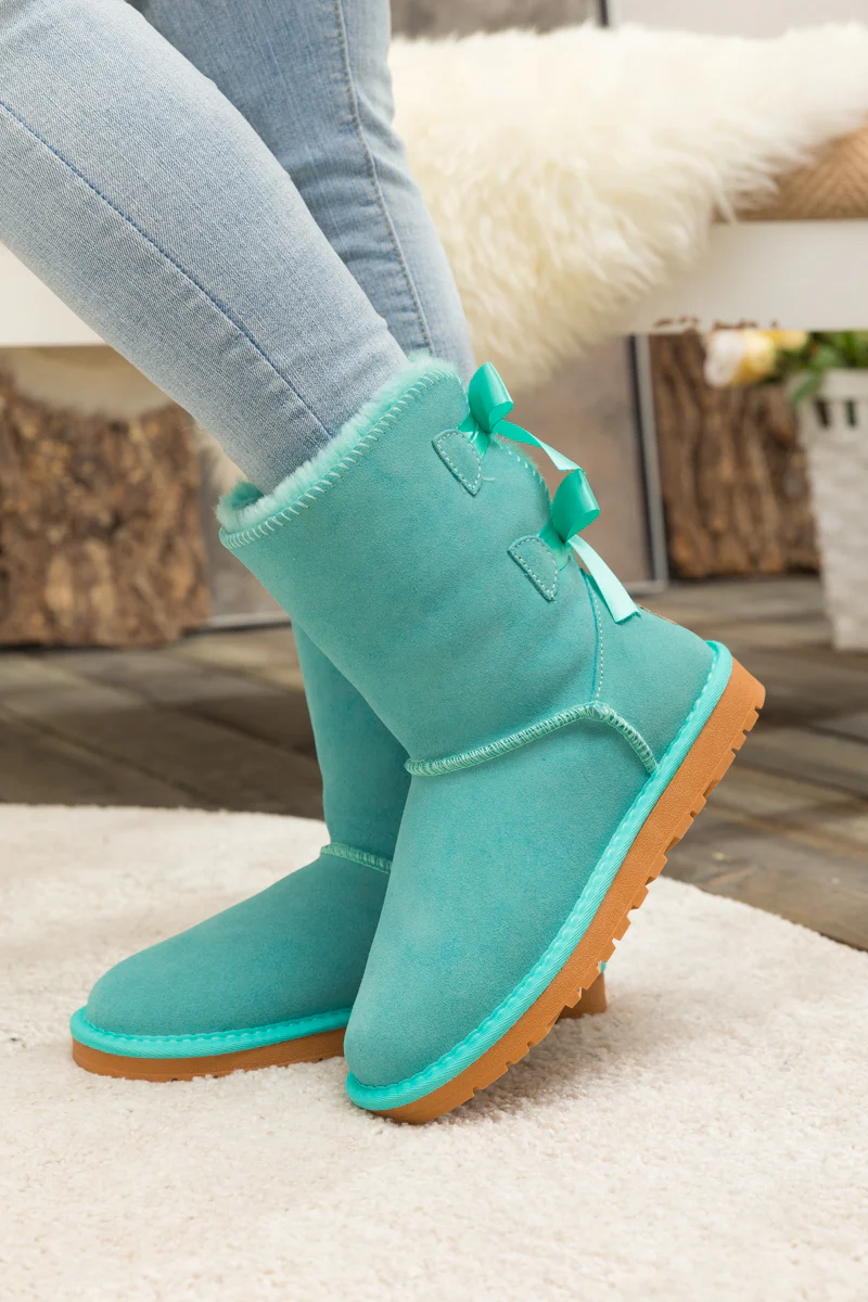 Smaibulun Ugg | Double Ballet Ribbon Bow Suede Shearling Boots - Turquoise - Image 4