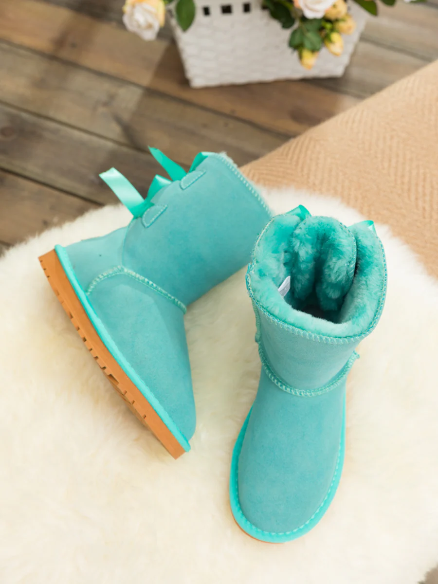 Smaibulun Ugg | Double Ballet Ribbon Bow Suede Shearling Boots - Turquoise - Image 5