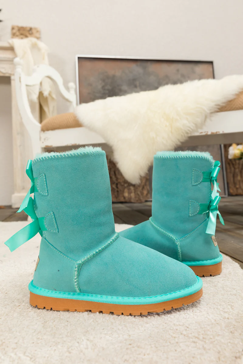 Smaibulun Ugg | Double Ballet Ribbon Bow Suede Shearling Boots - Turquoise - Image 6