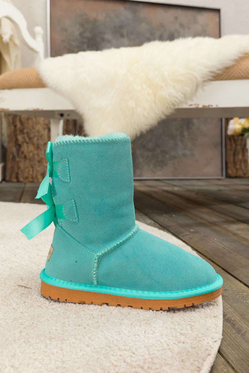 Smaibulun Ugg | Double Ballet Ribbon Bow Suede Shearling Boots - Turquoise - Image 7